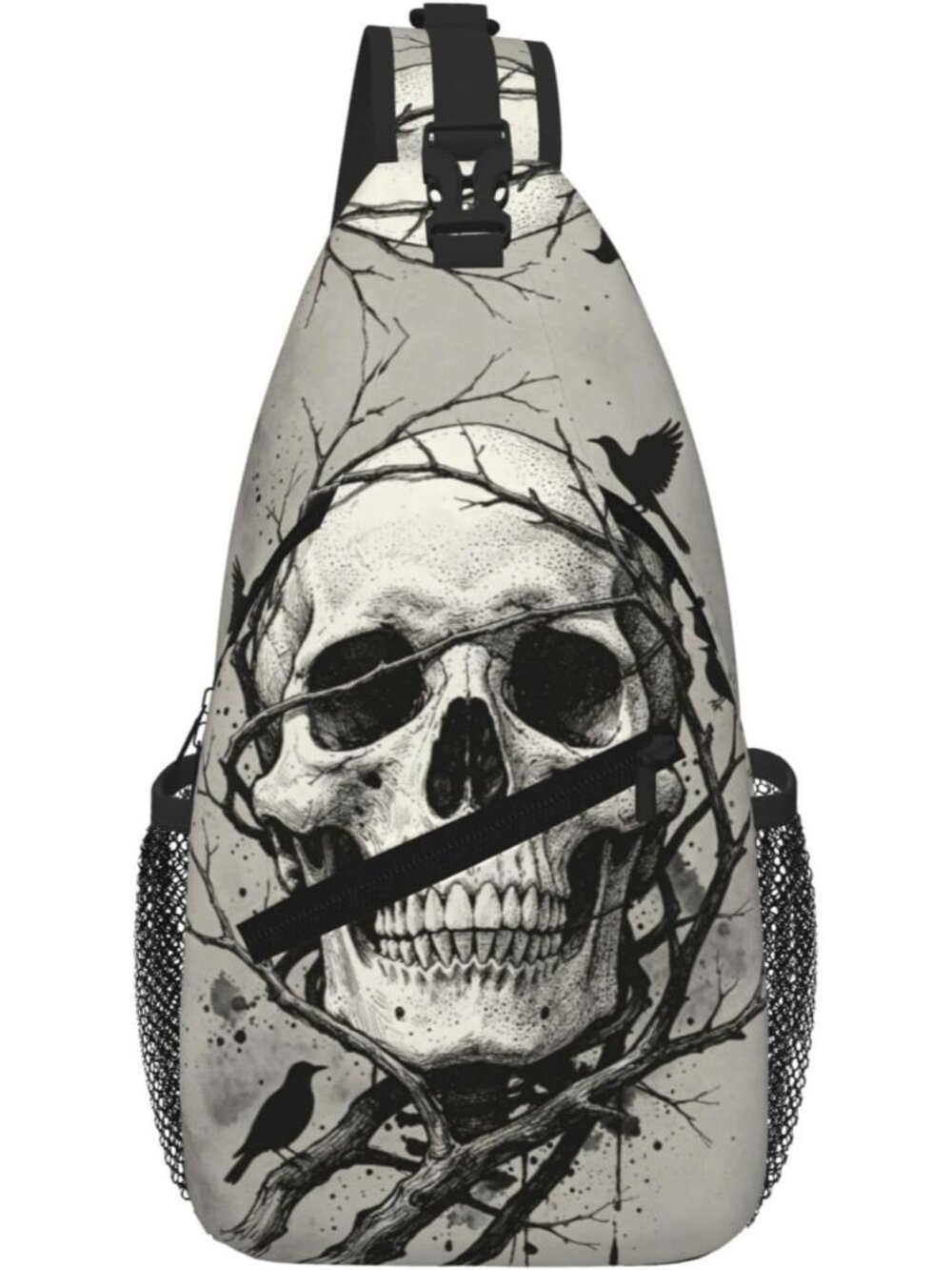 Unisex Grey White Skull Gothic Chest Fanny Hiking Travel Daypack Crossbody Bag